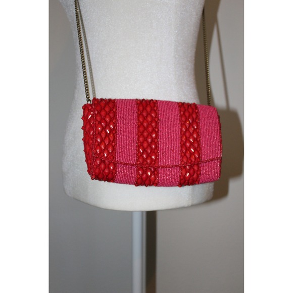 Anthropologie Beaded Striped Crossbody Bag Red Pink Chain Strap NWT - Picture 2 of 12